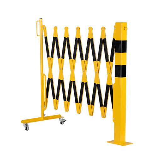 Barrière de sécurité extensible avec roulettes et poteau de fixation