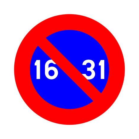 Panneau de stationnement E5. Interdiction de stationner du 16 au 31 du mois