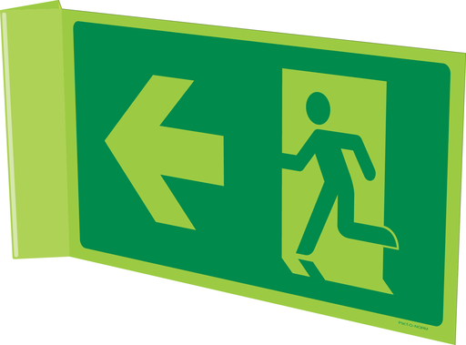 Pictogram nooduitgang naar links (fotoluminescerend / haaks / recto verso)