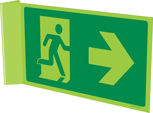 Pictogramme de sortie de secours vers la droite (photoluminescent / perpendiculaire / recto verso)