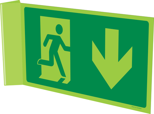 Pictogram nooduitgang naar beneden (fotoluminescerend / haaks / recto verso)