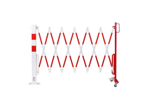 Barrière de sécurité extensible avec roulettes et poteau de fixation