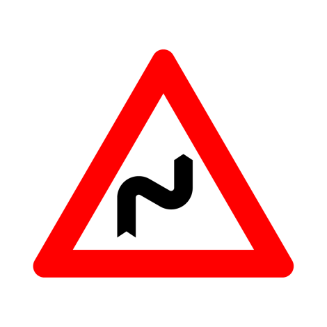 Verkeersbord A1d. Gevaarlijke dubbele bocht naar rechts
