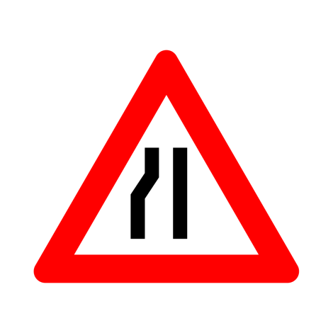 Verkeersbord A7b. Rijbaanversmalling links