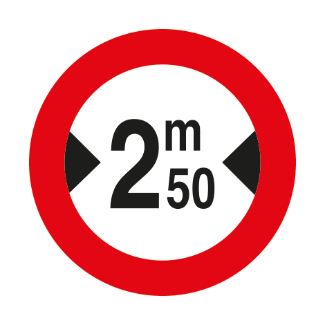 Verkeersbord C27. Verboden toegang voor voertuigen die breder zijn dan aangeduid