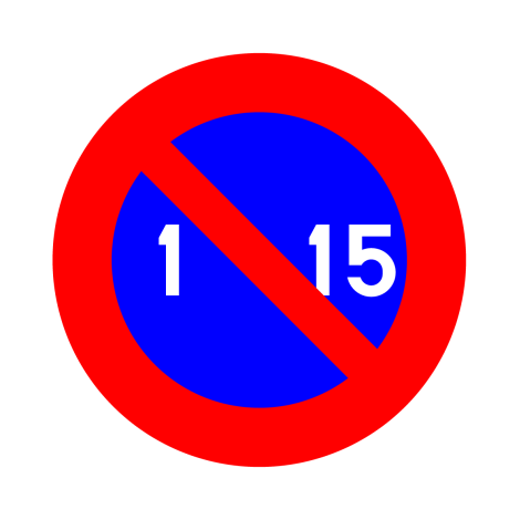 Verkeersbord E5. Parkeerverbod dag 1 tot 15