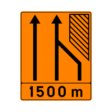 Verkeersbord F79. Voorwegwijzer vermindering aantal rijstroken