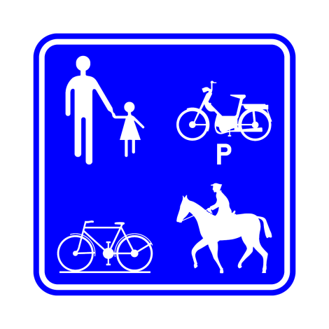 Verkeersbord F99a. Weg voorbehouden voor voetgangers, fietsers, speed pedelecs en ruiters