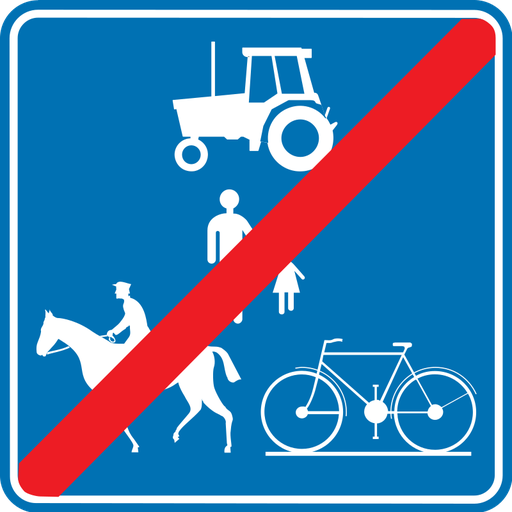 Verkeersbord F101c. Einde weg voorbehouden voor landbouwvoertuigen, voetgangers, fietsers en ruiters